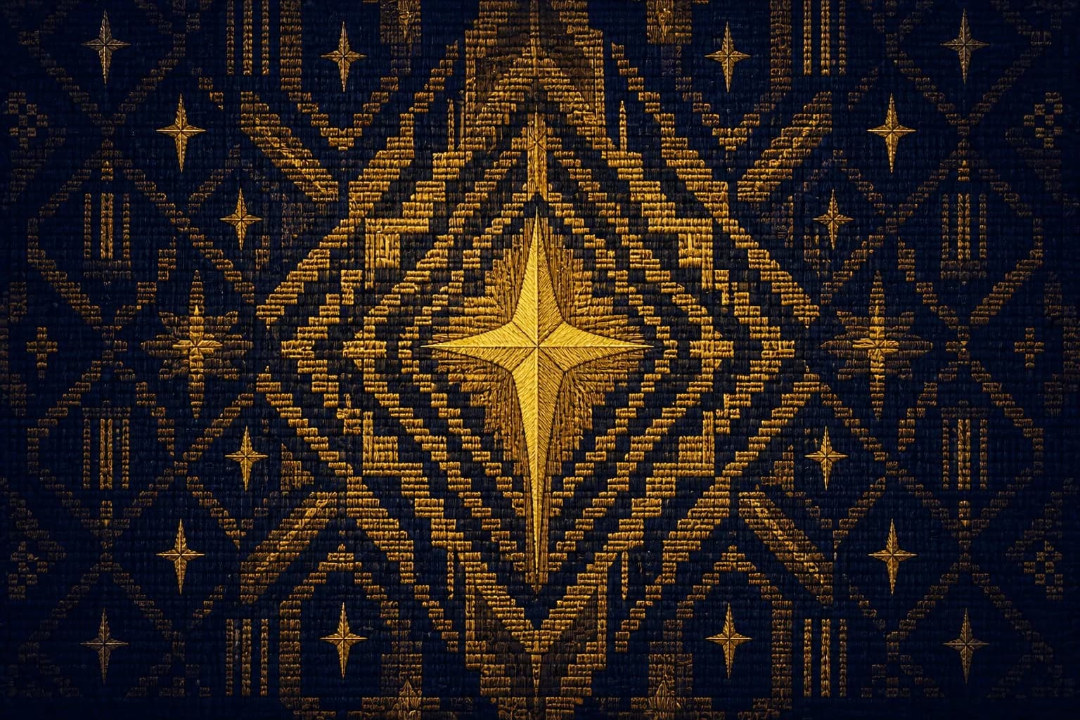 A dense interlocking chevron-and-shield lattice of gold plating concentrating on one luminous central cross, the plates brightest nearest the cross like armor catching light, dimming into deep navy diamonds at the edges.