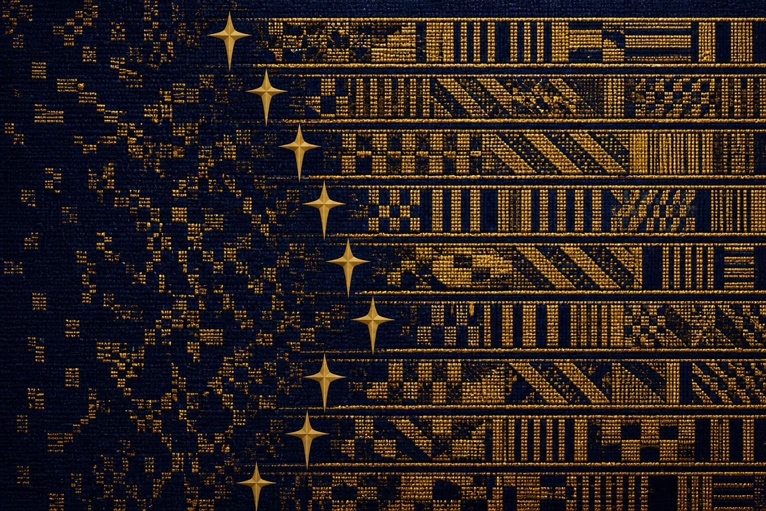 Ordered rows of gold kente pattern advancing from the right, each row led at its front edge by a bright gold cross; at the far left a dark disordered scatter of broken motifs visibly dissolves before them.