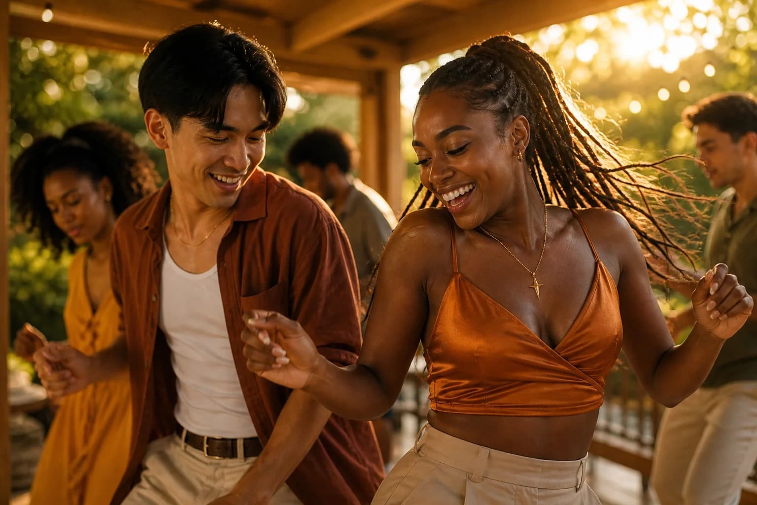 Close-in golden-hour shot under a string-lit veranda: a Black woman with long braids and a small gold North Star Cross pendant laughs mid-dance beside an East Asian man in a rust shirt, sun flare washing over them, friends dancing soft-focus behind.