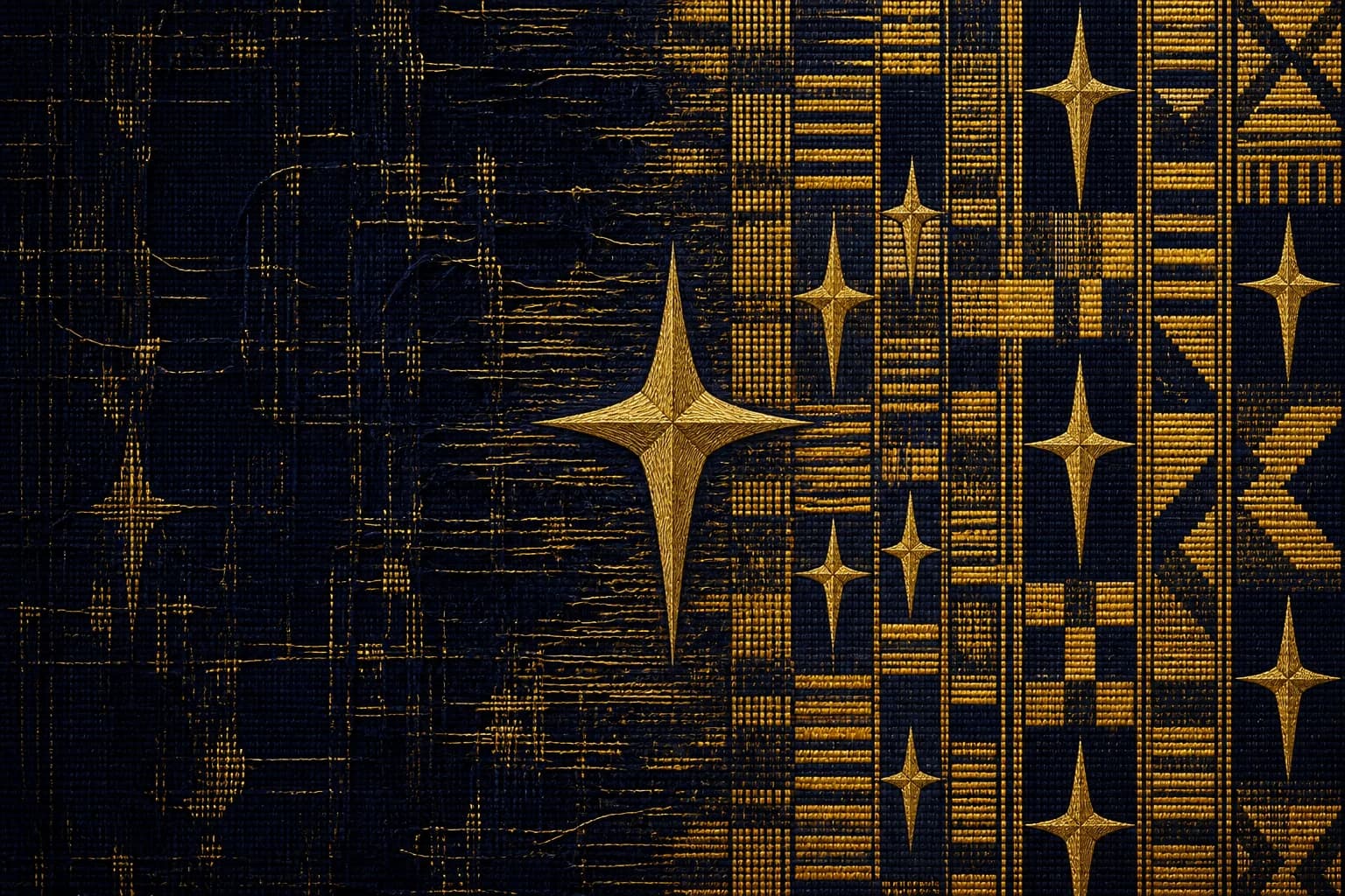 A woven field transforming left to right: frayed, dim, broken threads on the left resolving into bright ordered gold kente panels on the right, with a single radiant gold cross standing at the seam where the change happens.