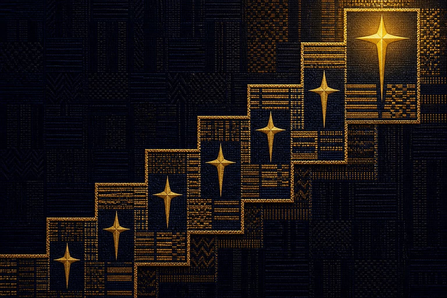 A staircase of glowing gold woven blocks climbing diagonally from lower left to a radiant cross at upper right, set against a dim navy weave patterned with faint crosses and diamonds.