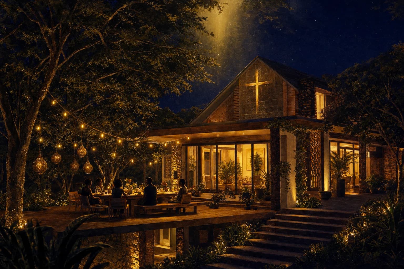 Night scene of a contemporary African-futurist home: five silhouetted friends share a lantern-strung long table on a stone veranda above a reflecting pool, warm gold window-light behind them, a shaft of divine gold descending from the starry navy sky onto a simple cross glowing on the stone gable.