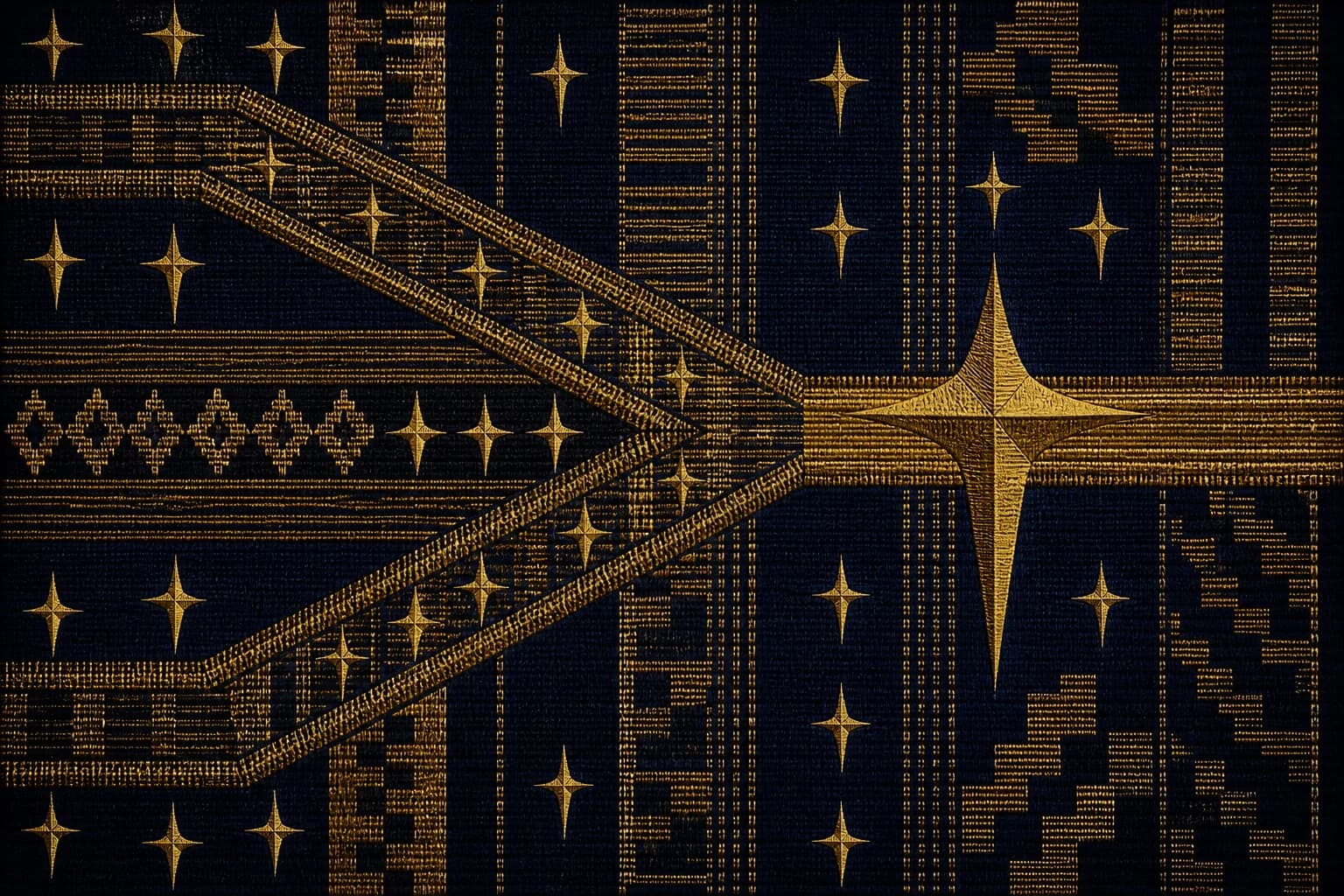 Three distinct woven gold paths entering from the left edge, converging into one broad path that forms a single upright gold cross right of center on a deep navy striped ground.