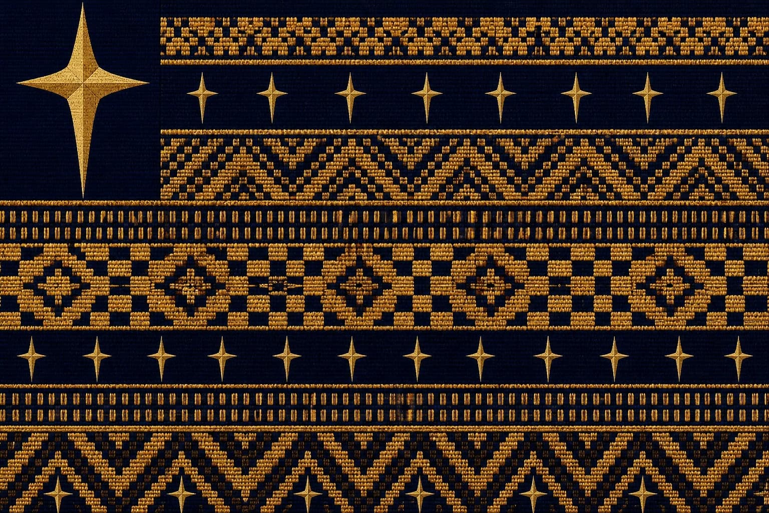 Five horizontal woven gold bands like lines of verse on a midnight-navy page, breathing navy intervals between them; a radiant gold cross blazes like an illuminated initial at the head of the first line, upper left.