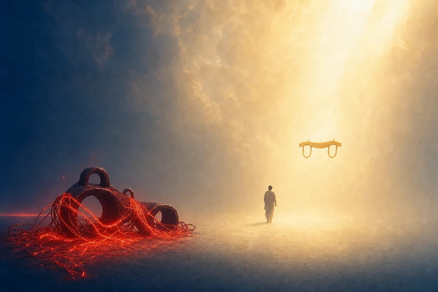 An abandoned iron yoke tangled in glowing crimson wires lies in blue shadow while a lone figure walks toward a light wooden yoke descending in golden heavenly light.